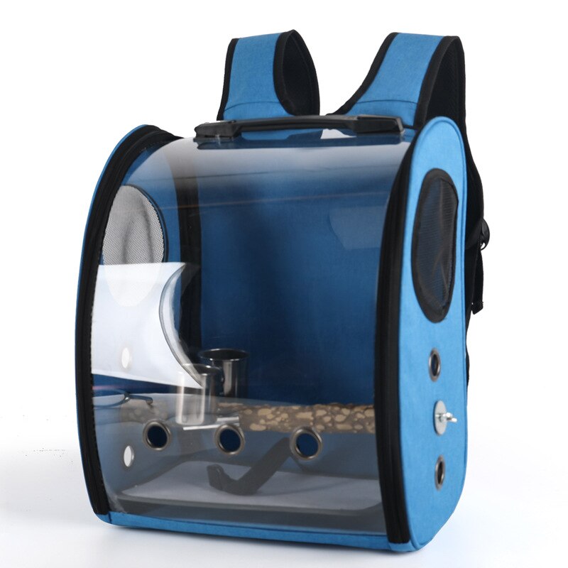 Mochila transpirable para pajaros y loros, bolsa ligera de viaje al aire libre para mascotas, soporte de cinturón lateral duro con taza de comida y pájaros: Blue2