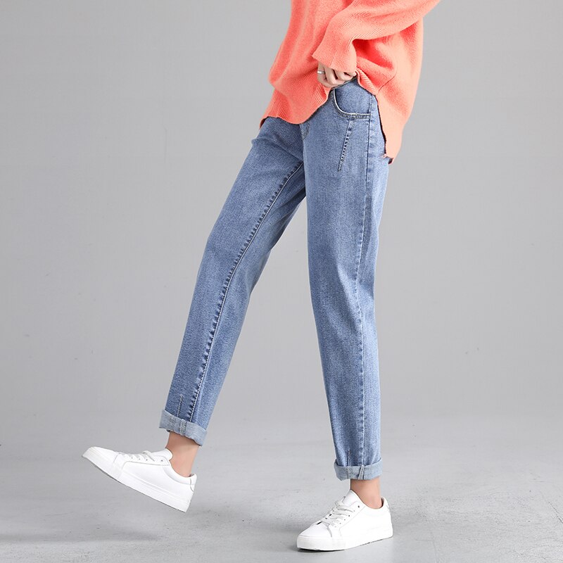 Mom Jeans For Women Denim Women`s Clothing Straight Solid Color High Waist Pregnant Pants Plus Size Maternity Clothes 0317