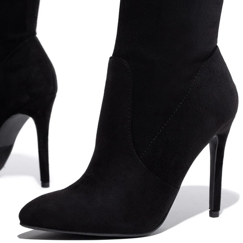 Winter overknee dames laarzen stretch stoffen hoge hak instappers puntige neus dames lange laarzen maat 35-43 zwart