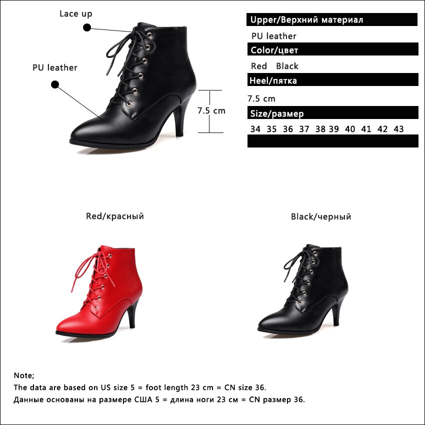 Qutaa dam ankelboots snörning spetsig tå pu läder tunn högklackat all match kvinnor ankel boots storlek 34-43