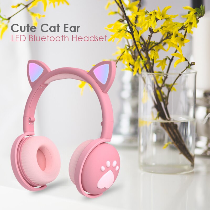 Cute cat Ear Paw Headset Glowing Kids Wireless Bluetooth 5.0 Headphones daughters Girls Earphones with Mic Children
