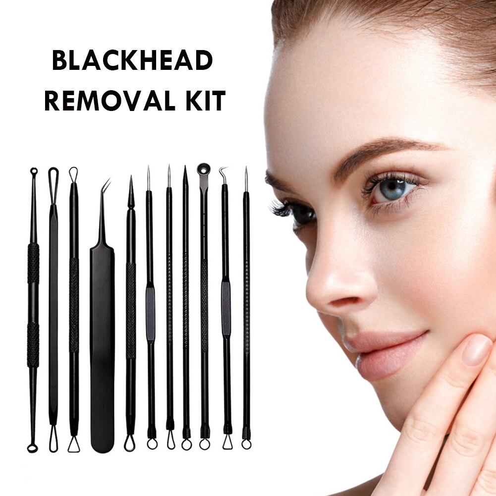 11pcs/set Acne Removal Tools Kit Blackhead Extractor Face Care Beauty Tools Black