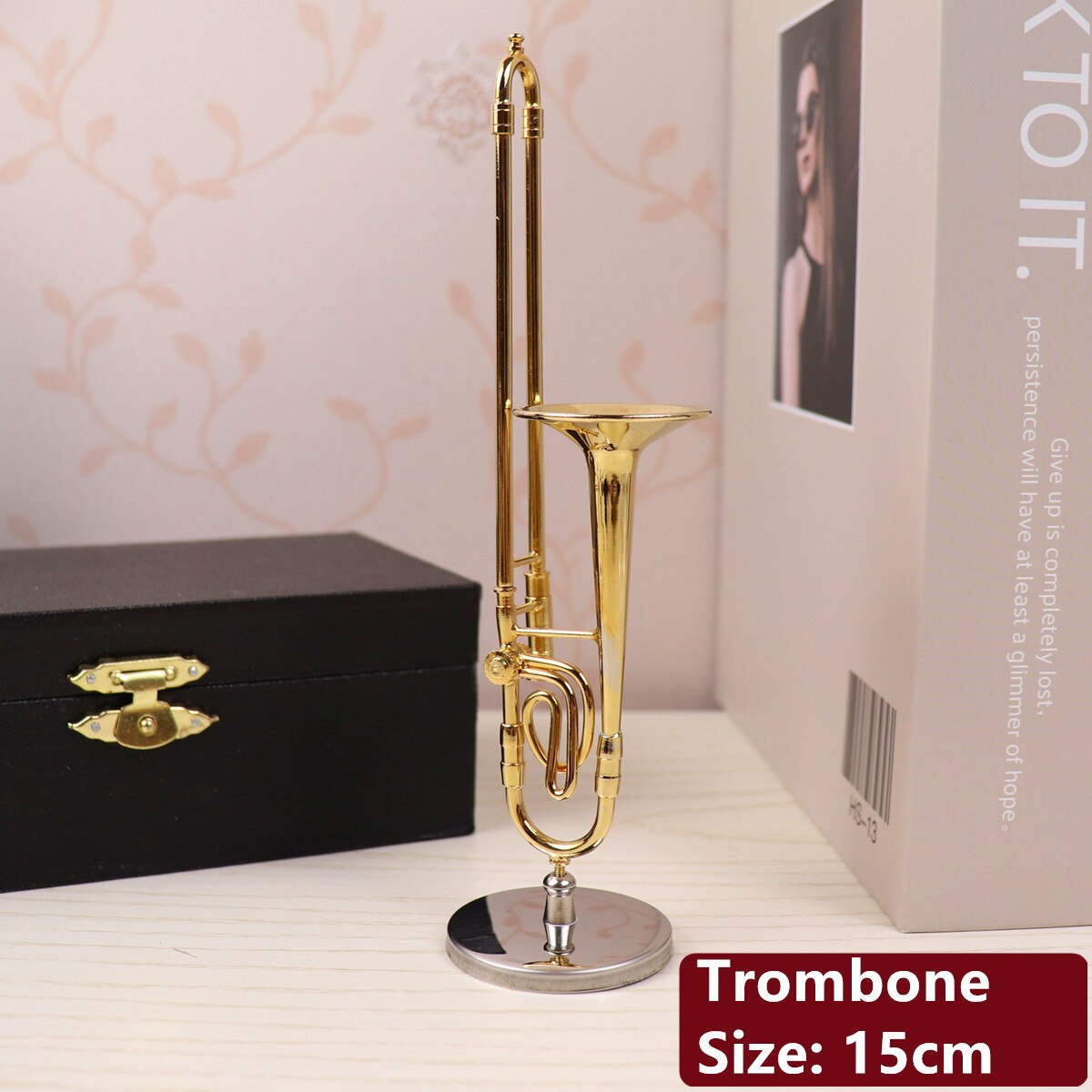 Dh Miniature Flute Clarinet Saxophone Trumpet Trombone French Horn Model Mini Musical Instrument Ornaments and Decoration: Trombone-15cm