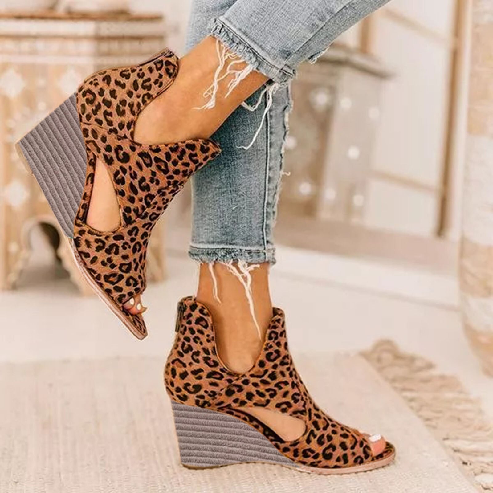Supérieure Léopard Confortable Bohème Compensées Femmes Sandales Pour Dames Chaussures Haute Plate-Forme À Bout Ouvert Grande Taille