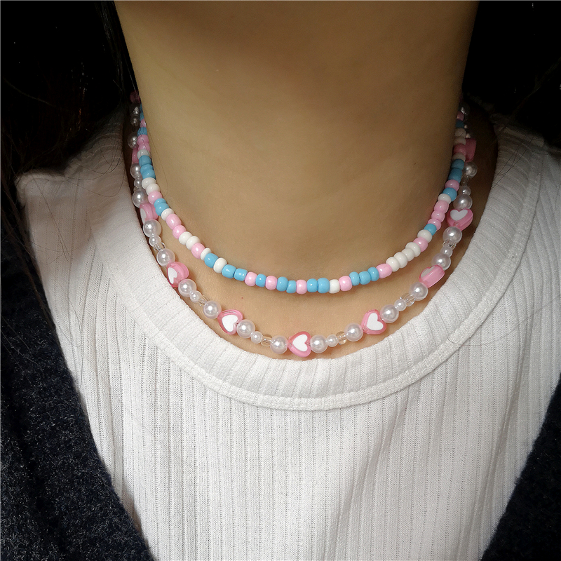 2022 new goth candy color pink pearl peach heart beaded necklace for female harajuku cute egirl party  y2k jewelry accessories