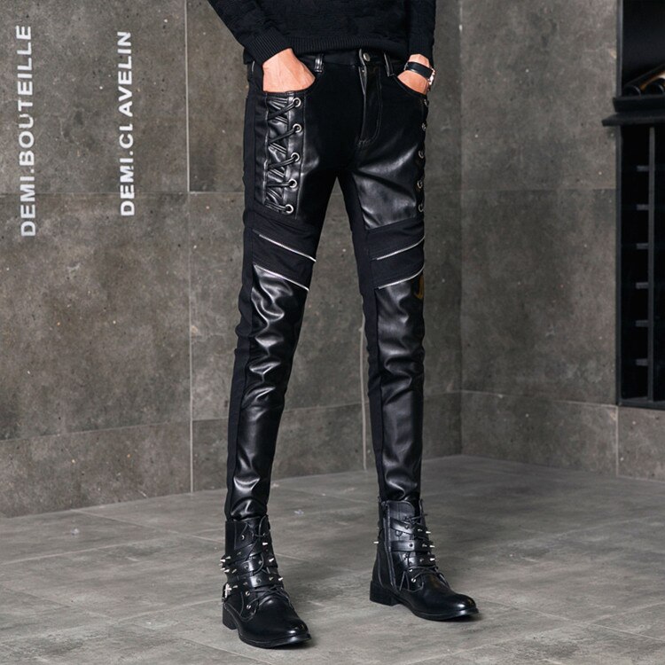 Fashionable Men's Pants Faux Leather Slim Patchwork Casual Man Pants 28-36 Male Pu Leather Trousers: 35