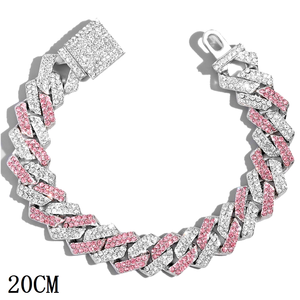 Pulsera de cadena de eslabones cubanos con punta de cristal helado rosa y azul a la para mujer, pulseras cubanas con diamantes de imitación ostentosos, joyería de Hip Hop: Estampado en caliente