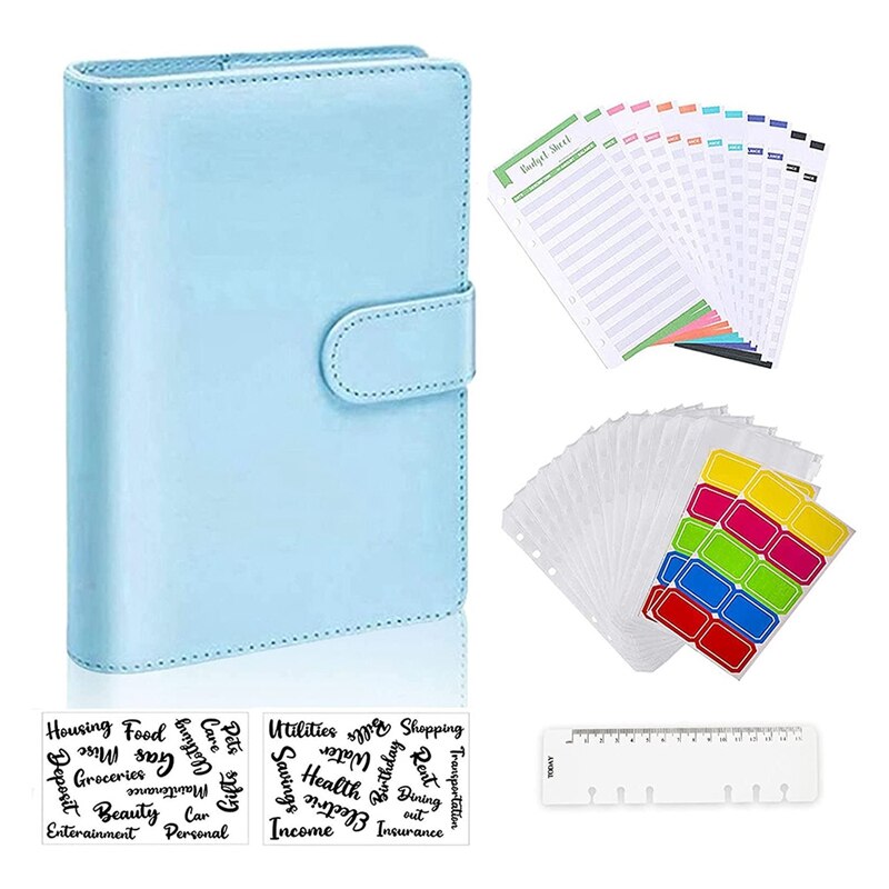 A6 Notebook Binder Budget Planner Organizer 6 Ring Binder Cover,Binder Pockets,Expense Budget Sheets Sticking Ruler: Blue