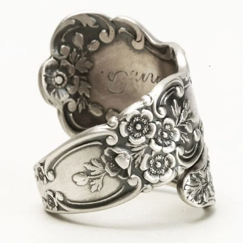 Intage-anillos de flores rosas grabados a mano para mujer, anillo de cuchara de Color plateado, de aniversario, joyería para de compromiso