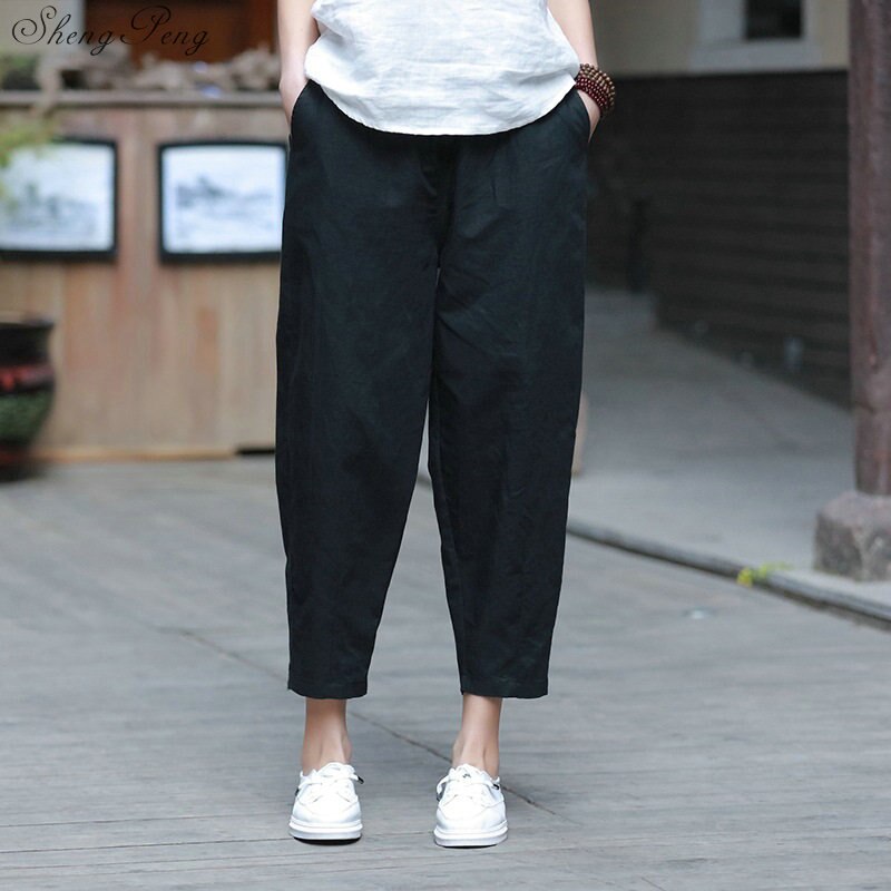 Pantalones bombachos elegantes de lino y algodón para mujer, pantalón de trabajo de cintura elástica con bolsillos, informales, color sólido, talla grande, Q755