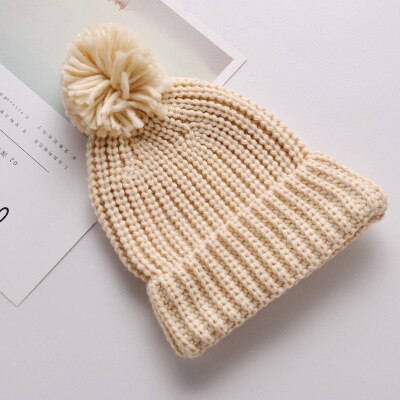 Kinderen meisjes baby muts gebreide wollen tijk muts met omslag herfst en winter warme muts twee ballen: Beige