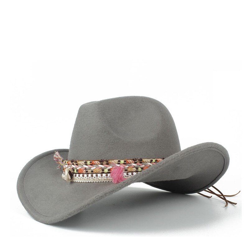 Kvinder uld hule vestlige cowboy hat dame jazz outback jazz toca sombrero cap størrelse 56-58cm: Grå
