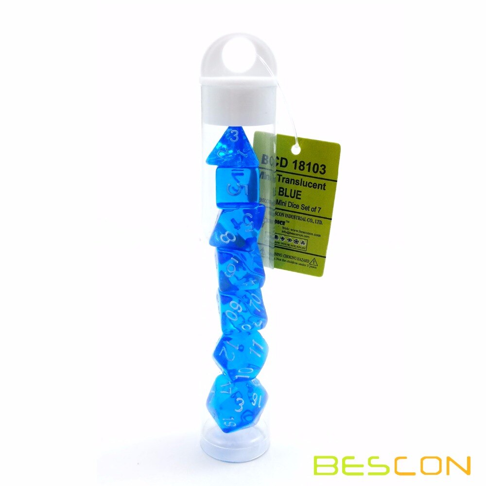 Bescon mini Traslucido Poliedrica RPG Dadi impostato 10MM, ottavino RPG Giochi di Ruolo Gioco di Dadi impostato D4-D20 in Tubo, Blu Trasparente