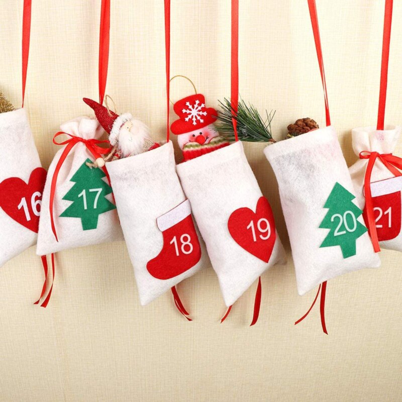 Fabric Christmas Countdown Advent Calendar Candy Bags Hanging Year Christmas Party Decoration 11x16cm