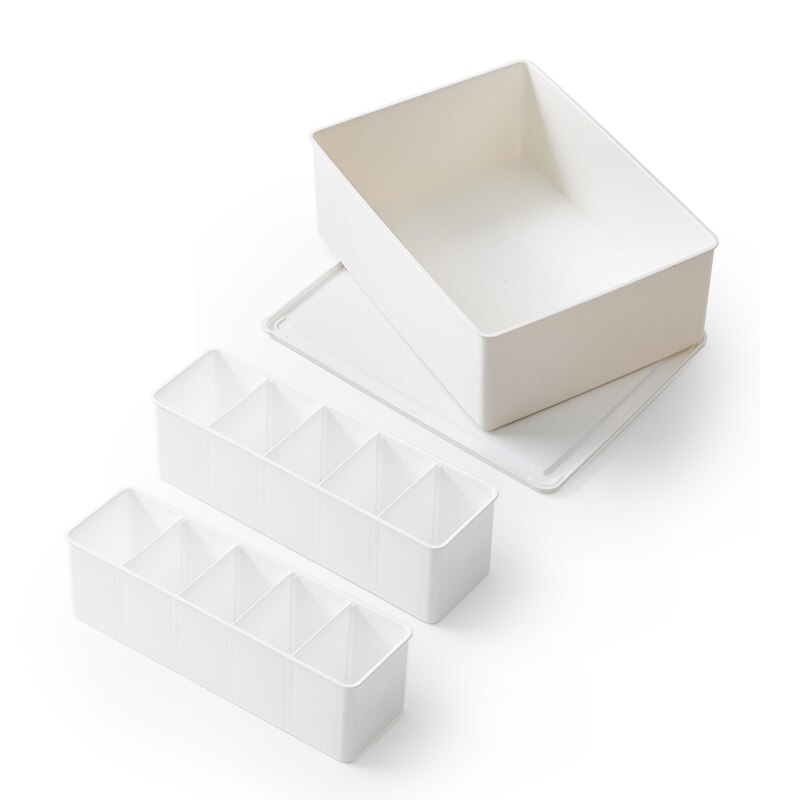 Adjustable Drawer Makeup Organizer Cabinet Organiser Plastic Dividers For Drawers Clothes Organizers Tray For Cosmetic: 5Grid And Box-White