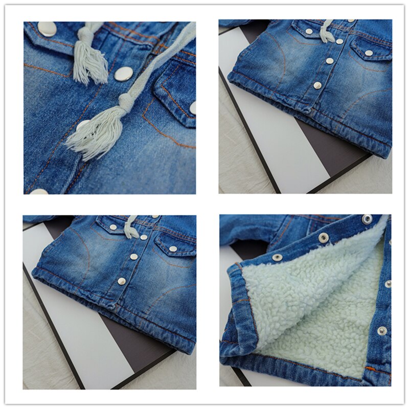 SFC-254 Kinderen Baby Jongens En Kinderen Winter Bovenkleding Donkerblauw Pluche Jean Bleack Capuchon Jas