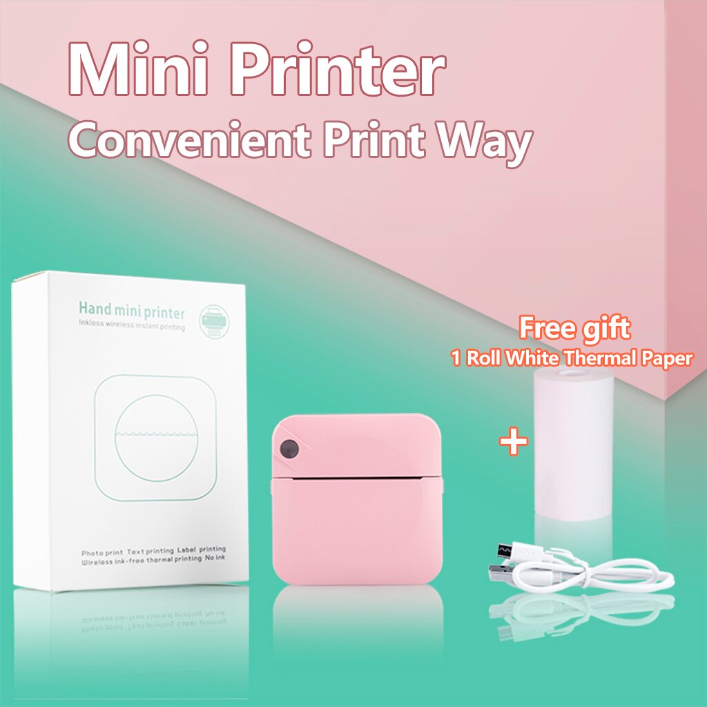 Portable Mini Printer Pocket Printer Student Note Printer Photo Text Bar Code Printer: Pink