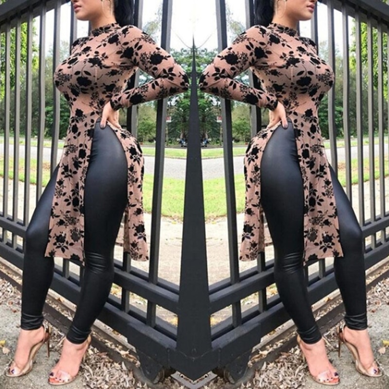 Forår kvinder mesh print lange toppe høj krave høj split casual skjorter lange ærmer dameskjorter roupas feminina