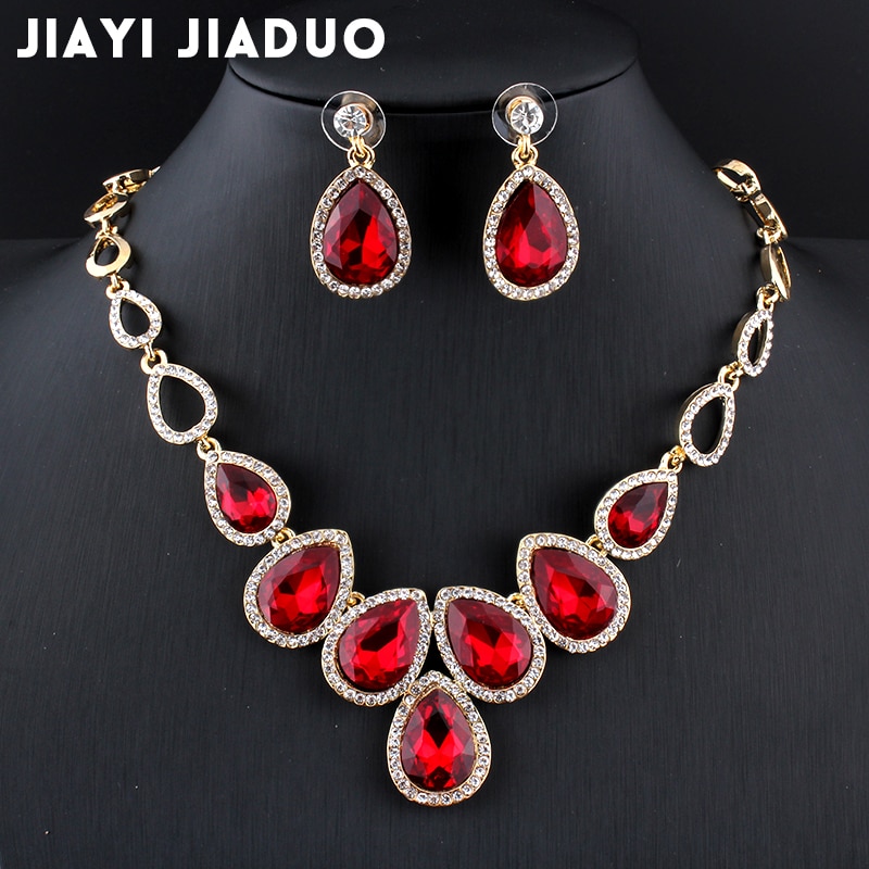 Jiayijiaduo afrikaanse Sieraden set Goud-kleur cystal ketting set en oorbellen set voor vrouwen Red crystal bruiloft sieraden set