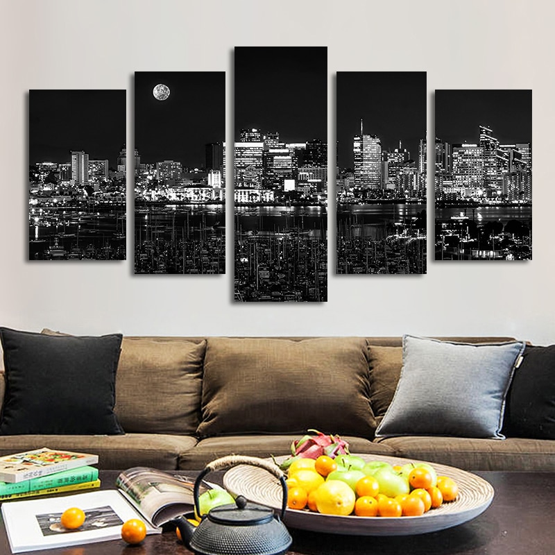 Quadros decoração moderna poster 5 peças, preto e branco, cidade noturna, pintura em tela, imagens de arte para parede, sala de estar
