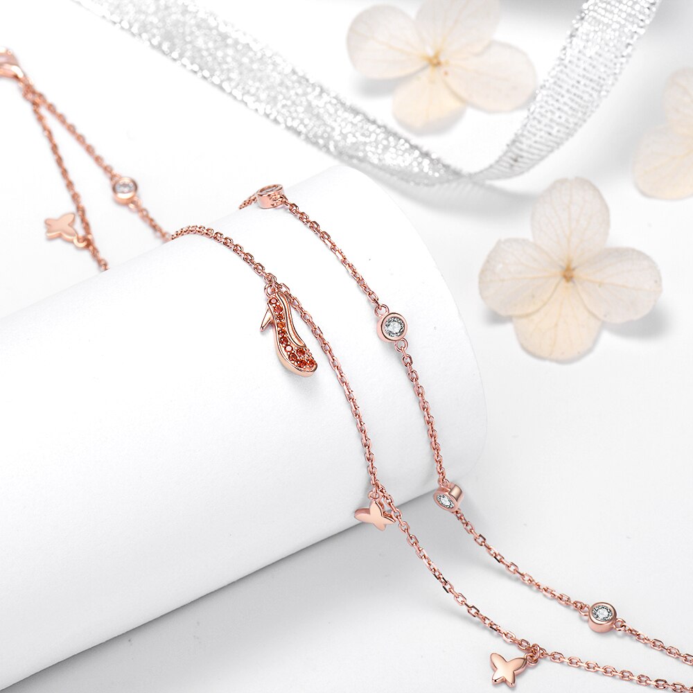 925 Sterling Silber Fußkettchen Rose Gold Schmetterling hoch Fersen Footchain Süße Doppel-schicht für Frauen murmeln Feine Schmuck freies schiff