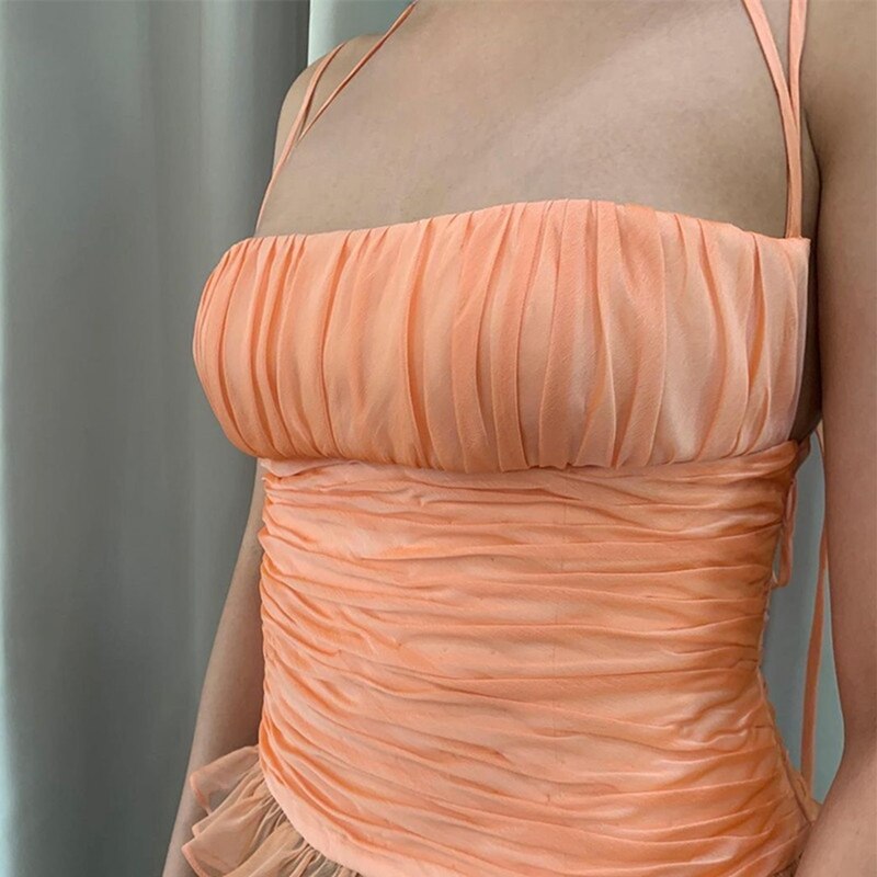 Uclio-Chaleco de malla de hojas de loto para mujer, chaleco femenino de un hombro, espalda abierta, cuello, naranja
