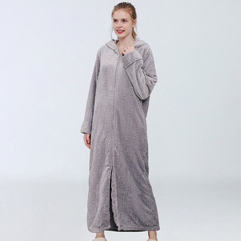 Albornoz de terciopelo con cremallera para mujer, ropa de dormir de otoño e invierno, gruesa, de franela, para el hogar
