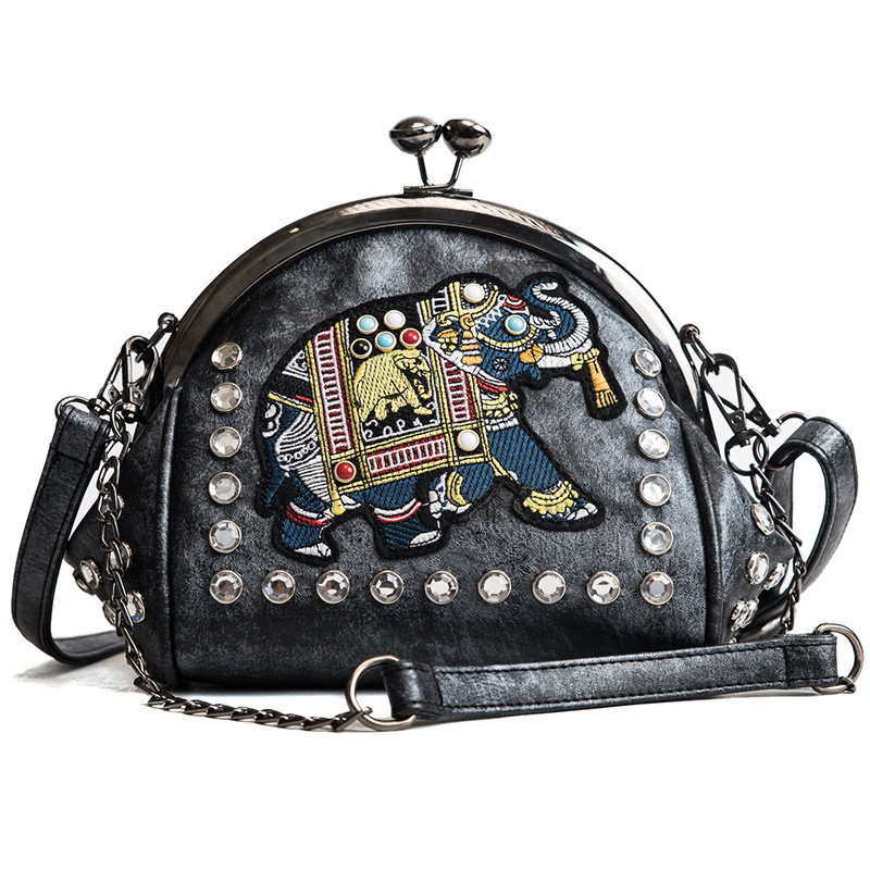 Embroidery Elephant Bag Lock Shell Bags PU Leather Chain Women Shoulder Crossbody Bag 48 pcs Insert Diamonds Women&#39;s Handbags: A women bag black