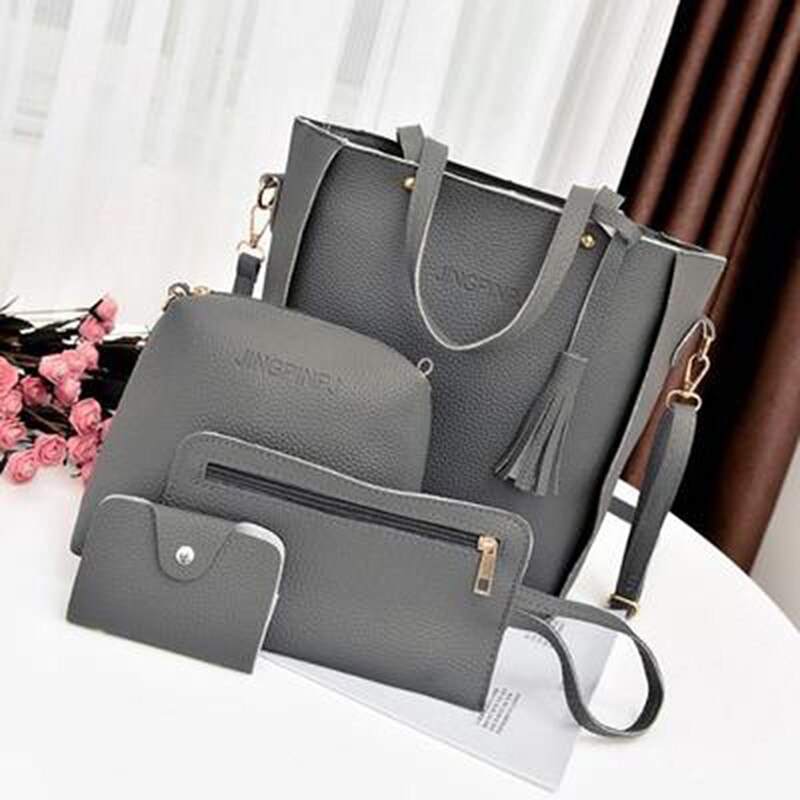 Women Top-Handle Bags Female Composite Bags Women Messenger Bags Handbag Set PU Leather Wallets Key Bag Set: dark gray