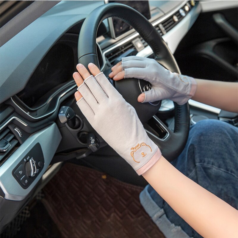 Summer Women Cotton Sunscreen Touch Screen Anti-UV Non-Slip Breathable Cute Lovely Drive Cycling Half Finger Gloves