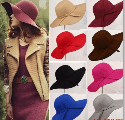 Jahrgang Dame Frauen Breite Krempe wollfilz Hütte Diskette Filz Bowler Cloche Deckel