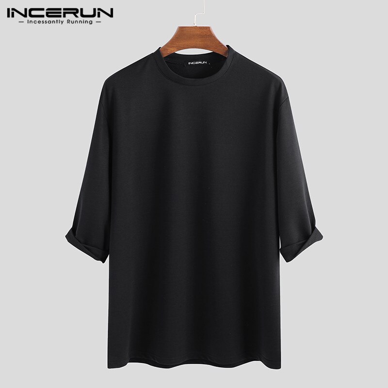 Heren Casual T-Shirt - Katoen 3/4 Mouw Ronde Hals Wijde Streetwear: Zwart / S