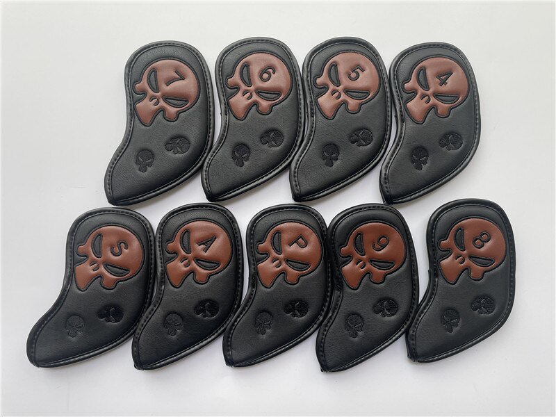 9Pcs Golf Cover Skull Golf Hoofd Covers Voor Irons 456789PAS Zwart/Bruin Pu Leer Golf Irons Kopafdekkingen ems