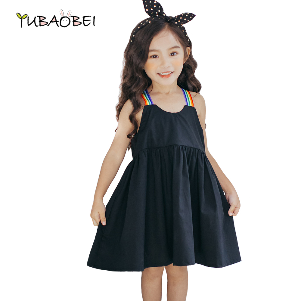 Children Clothing Girls Rainbow Strap Simply Black Cotton Dress Lovely Casual Kids Summer Dress