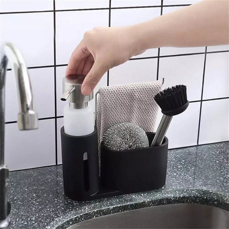 Sink Caddy Cleaning Kit Kitchen Caddy with Soap Dispenser Steel Ball and Brush Black Clean Group for Kitchen Organizing