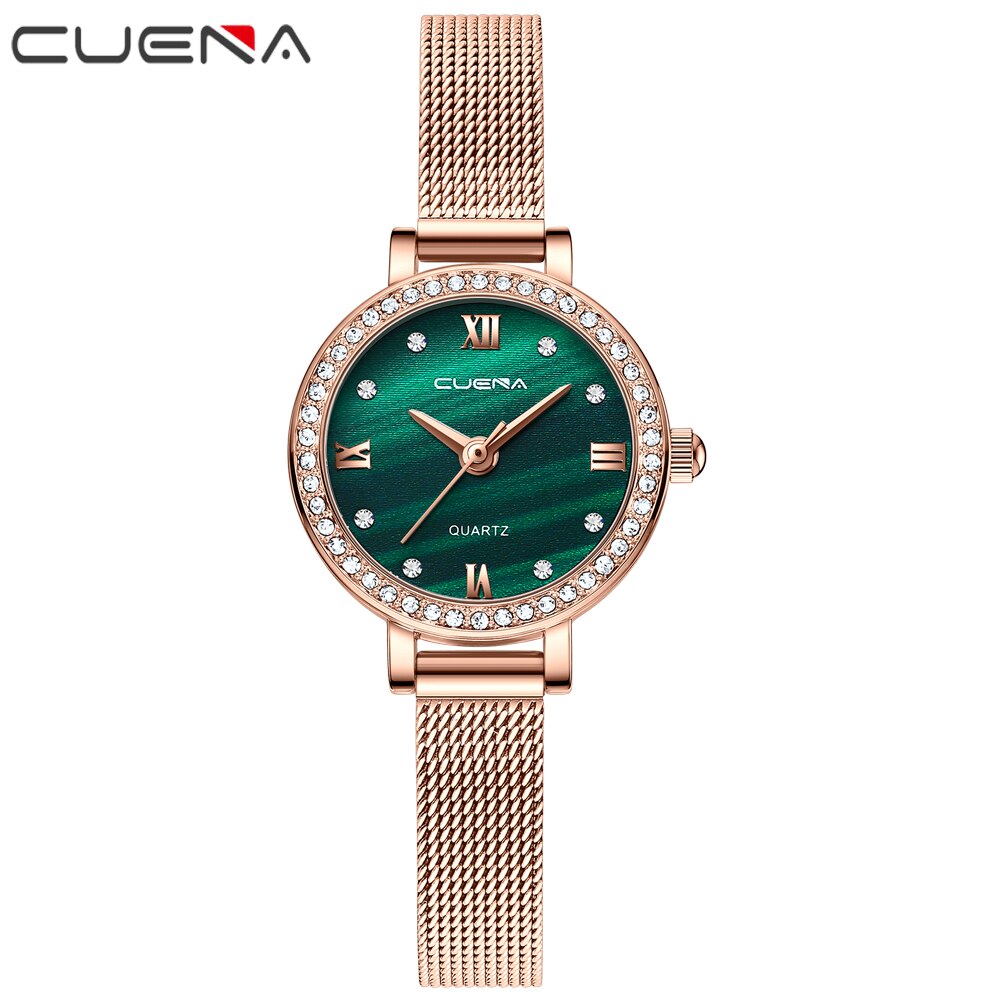 CUENA-Reloj de lujo con correa de malla para mujer, pulsera femenina, de superior: rose green