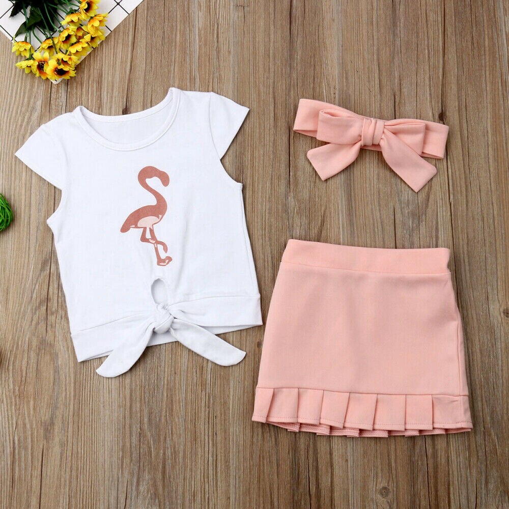 Nuovo Bambino Del Bambino Dei Bambini Del Bambino Delle Ragazze Flamingo Annodato T-Shirt Pannello Esterno Del Vestito 3 PCS Vestito Prendisole 2019 di Modo