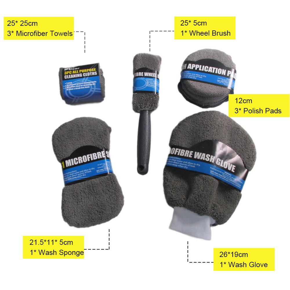9 Uds Kit de limpieza para lavado de autos con cuidado automático incluye 3 * toallas de microfibra, 3 * Almohadillas aplicadoras, esponja de lavado, guante de lavado, cepillo de rueda