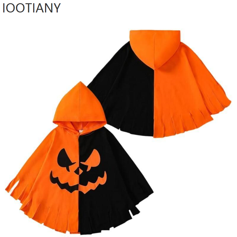 Costume da gioco di ruolo con stampa pipistrello zucca di Halloween Festa di carnevale per bambini Mantello con cappuccio abbinato ai colori arancione e nero Regalo