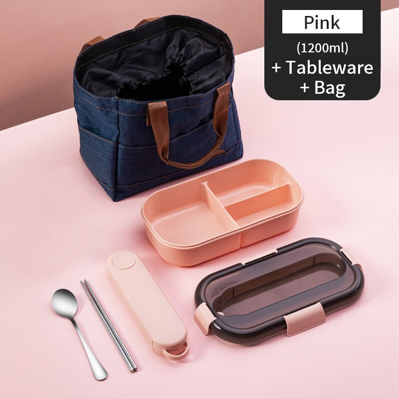 WORTHBUY Microwave Lunch Box For Kids School Plastic Food Container Leak-Proof Bento Lunch Box With Compartment Lunch Container: C Pink With Bag