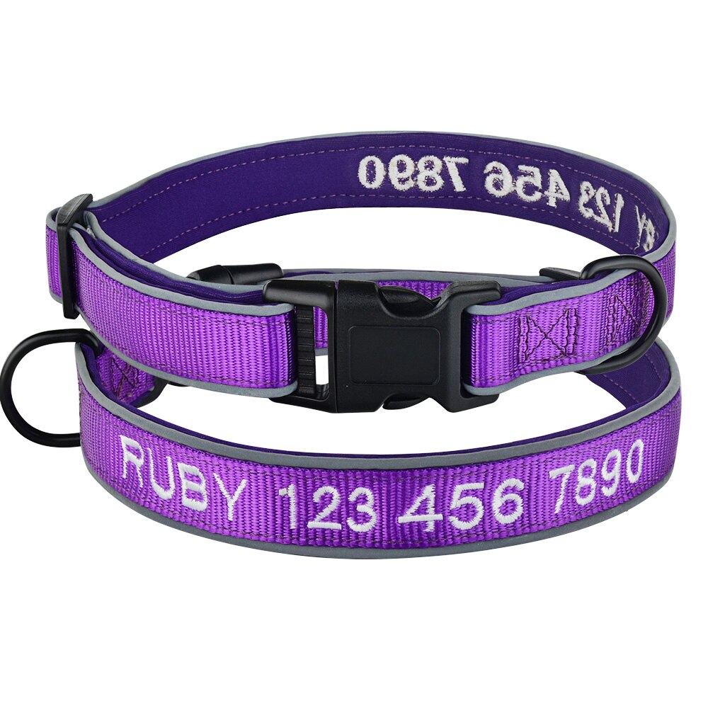 Broderet hundehalsbånd persoanzlied navn nummer reflekterende små store kæledyr sl: Lilla / Xs  (8-12 tommer)