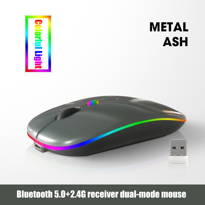 Bezprzewodowa mysz Bluetooth 5.0 2,4 GHz, z lampką USB z możliwością ładowania RGB, odpowiednia do laptopów, komputerów PC, Macbooków, myszy do gier 1600 dpi: SZARY