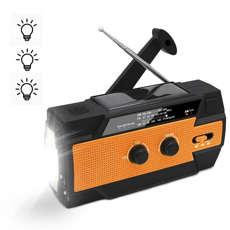 NOAA Weather Radio Emergency Solar Hand Crank Self Powered 3AAA Battery Flashlight IPX3 Waterproof 4000mAh Power Bank