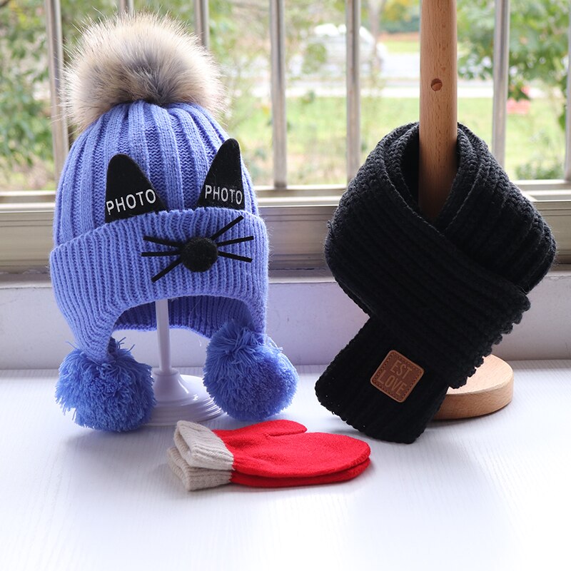 Children's hat scarf gloves three-piece set Boys and girls lovely knitted woollen hats Baby wool hat scarf Lovely thick hat