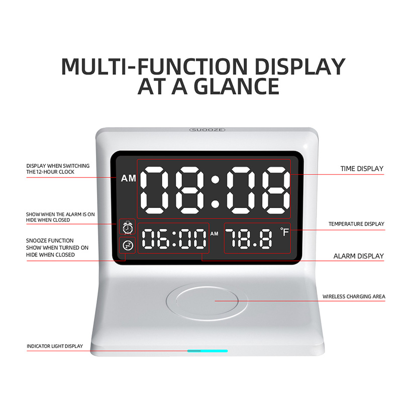 6 In 1 Wekker Draadloze Oplader Met Digitale Thermometer Led Bureaulamp Voor Slaapkamer 15W Mobiele Telefoon Snelle lader