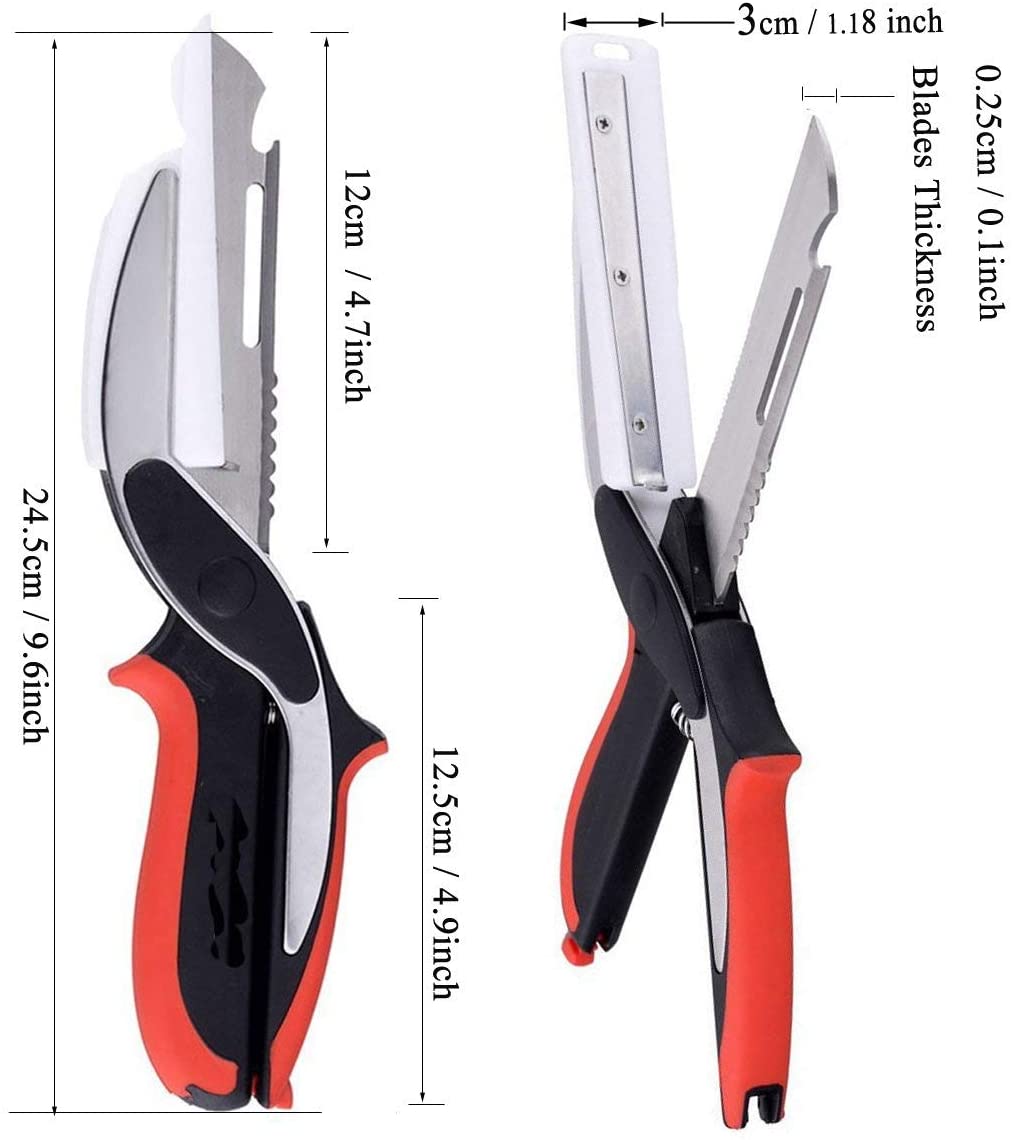 Tijeras de cocina de acero inoxidable 2 en 1, tabla de cortar, picadora inteligente para frutas y verduras, cortador multifuncional, picadora de alimentos