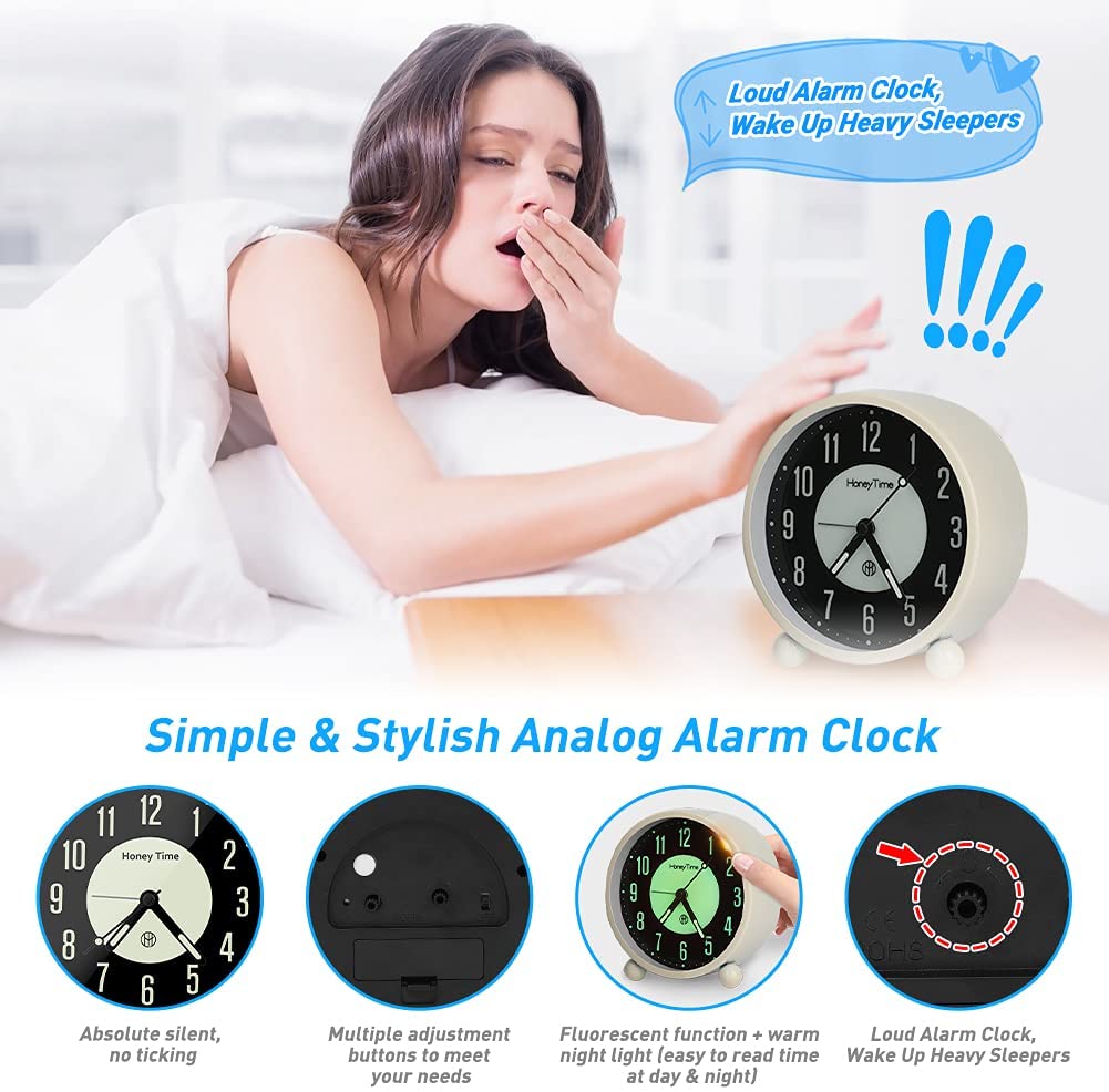 Luminous Analog Alarm Clock Silent Sweep Alarm Clock Non-Ticking Battery Powered Quartz Clock with Loud Alarm&amp;Nightlight