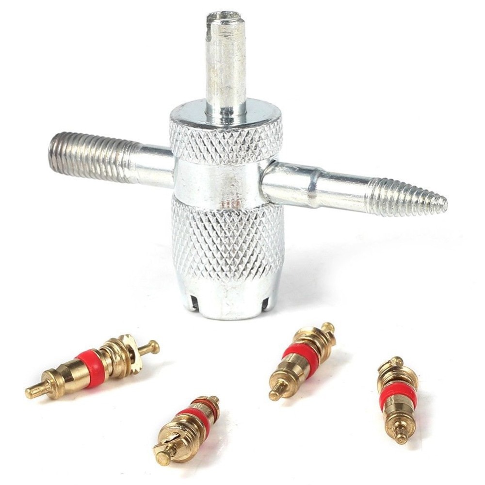 Car Bike 4 Way Tyre Valve Repair Standard Tire Remover Tool + 4 Stem Cores Kit
