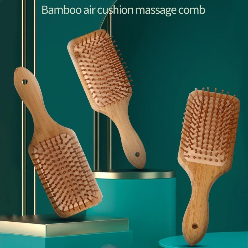 Bambu kam natur träborste antistatisk lös hårborste kvinnor hårbotten massage kam luftkudde stylingverktyg för hår
