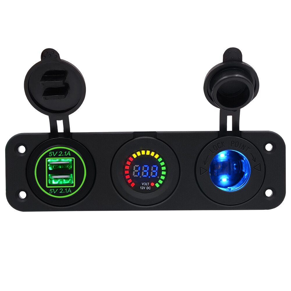 Auto Ladegerät Motorrad Stecker Dual USB Adapter + 12V/24V Zigarette Leichter Buchse Blau LED + Digital Voltmeter CY675-CN
